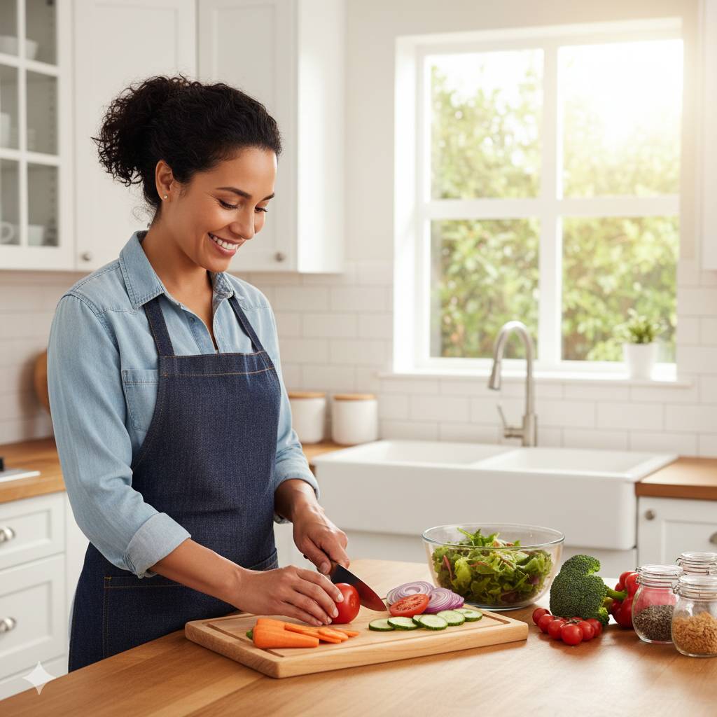a Hispanic woman caregiver chopping fresh vegetables for a healthy meal in a bright kitchen.